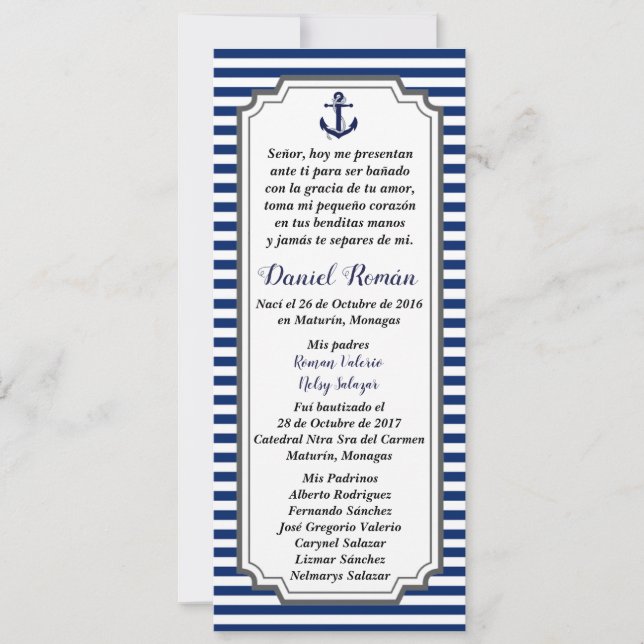 Carte de Baptême Nautique Ancre gris bleu (Devant)