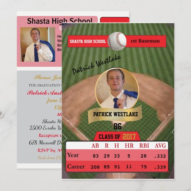 Carte de base-ball W/ Statistiques Invitations de  (Devant / Derrière)