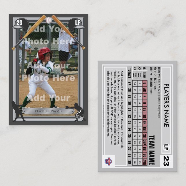 Carte de baseball gris foncé Frt - Statistiques pe (Devant / Derrière)