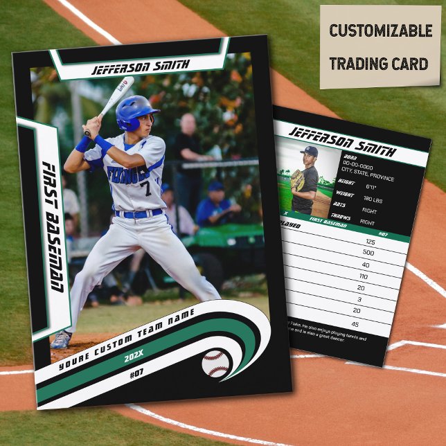 Carte de baseball Lively Green Black (Baseball Player Trading Card in Black with Custom Team Name and White Green Elements)