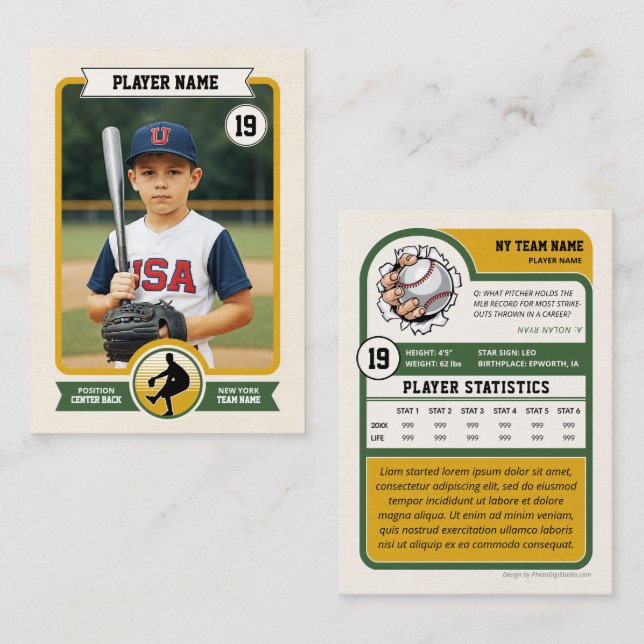 Carte de baseball personnalisée, carte de joueur V (Devant / Derrière)