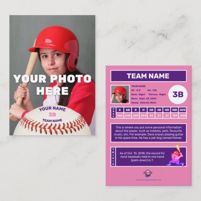 Carte de baseball Pink Back - Statistiques personn (Devant / Derrière)