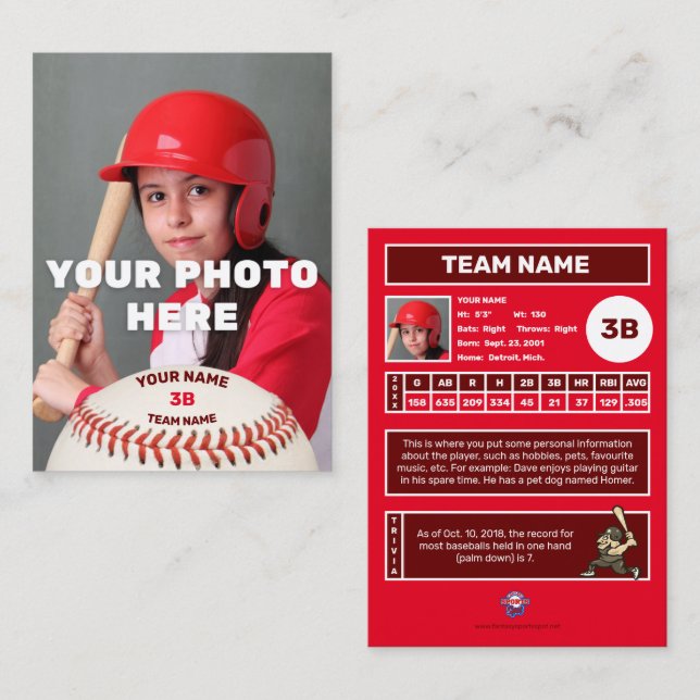 Carte de baseball Red Back - Statistiques personna (Devant / Derrière)