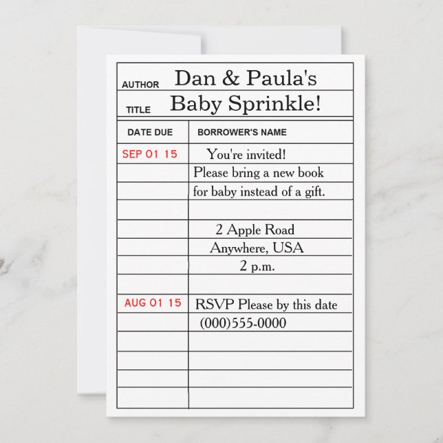 "Carte de bibliothèque" Invitations pour bébés sau (Devant)
