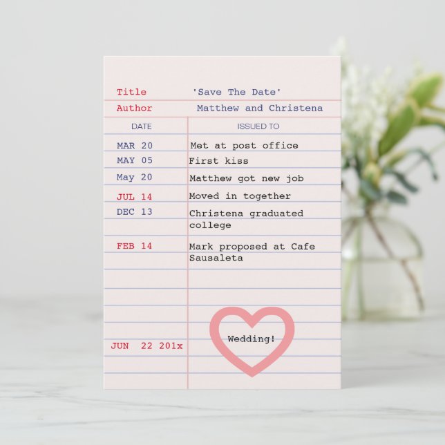 Carte de bibliothèque, Sauvegarder la date (Debout devant)
