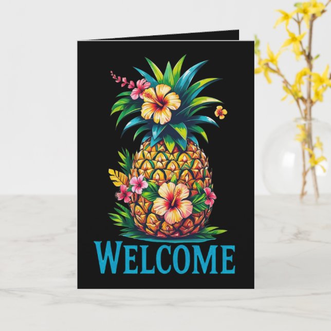 Carte de bienvenue à l'ananas tropical Aloha (Fleur jaune)