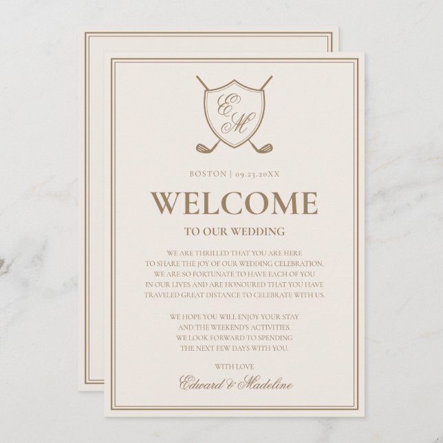 Carte de bienvenue de mariage de golf à monogramme (Devant / Derrière)