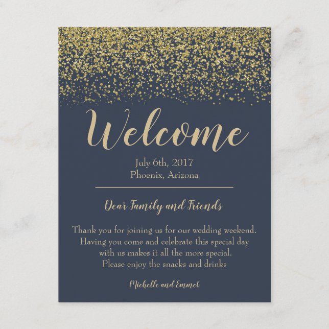 Carte de bienvenue de mariage Navy Blue et Or Hôte (Devant)