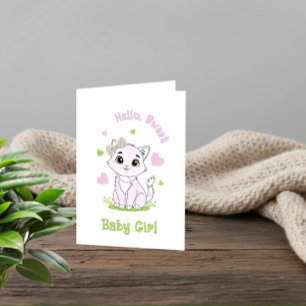 Carte de Bienvenue pour Bébé Fille au Chat Rose Mi