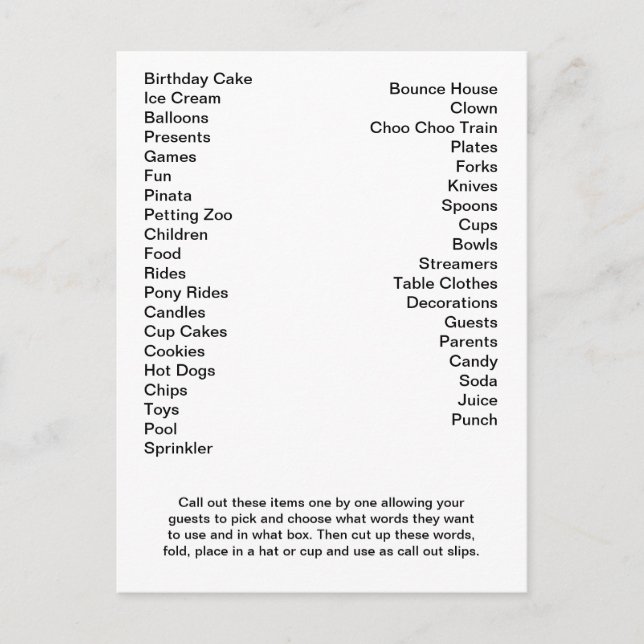 Carte de Bingo Anniversaire Fête Appel Out Mots (Devant)