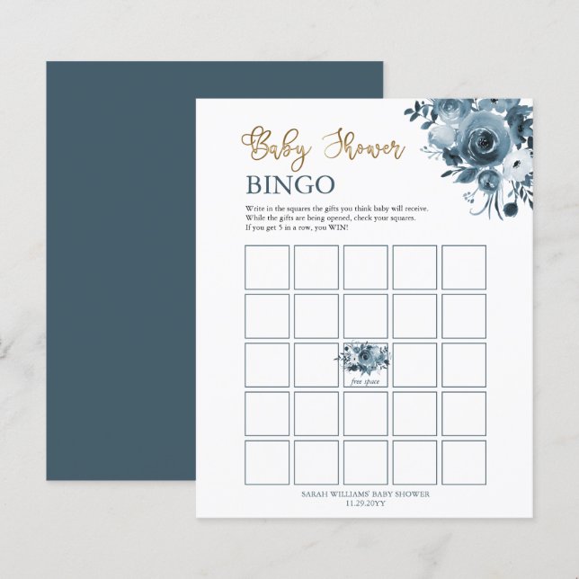 Carte de bingo Baby shower Floral Blue Gold (Devant / Derrière)