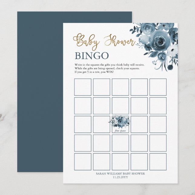 Carte de bingo Baby shower Floral Blue Gold (Devant / Derrière)