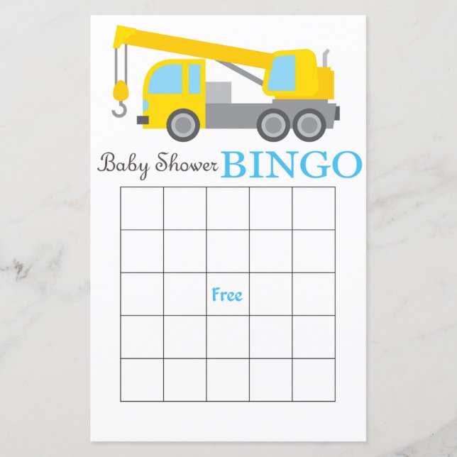 Carte de bingo de baby shower de grue de construct (Devant)