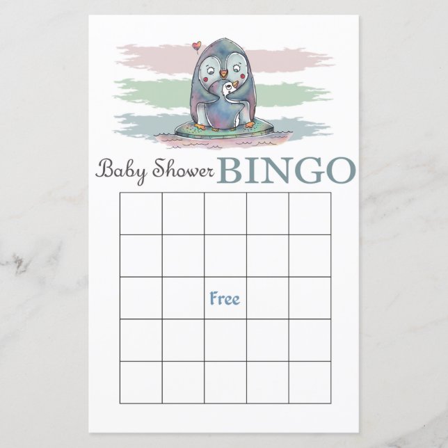 Carte de bingo de baby shower de pingouin (Devant)