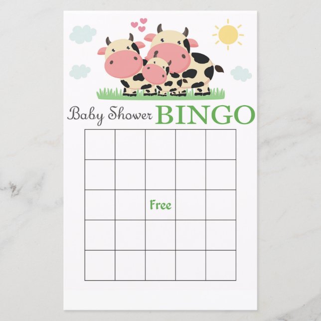 Carte de bingo de baby shower de vache (Devant)