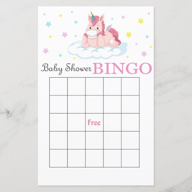 Carte de bingo de baby shower Unicorn mignonne (Devant)