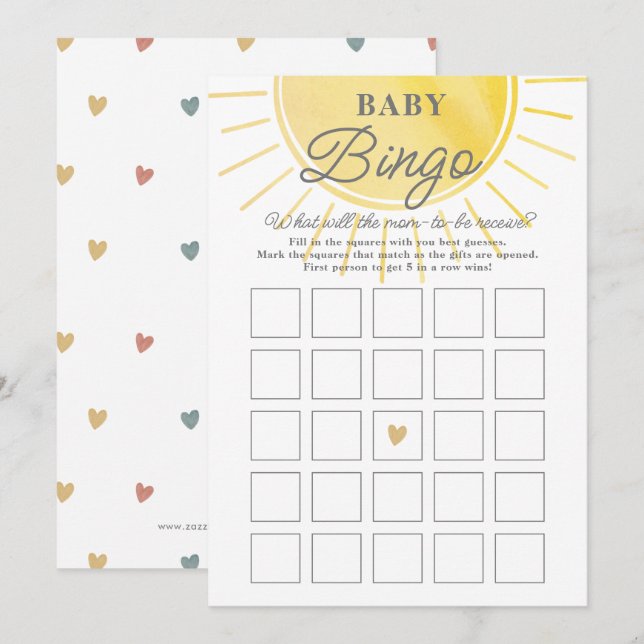 Carte de bingo pour bébé Baby shower de soleil aqu (Devant / Derrière)