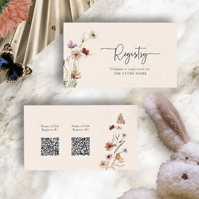 Carte de boîtier Boho Registry QR Codes (Boho Wildflower Registry QR Codes Enclosure Card with Butterfly by Painted Paperie
)
