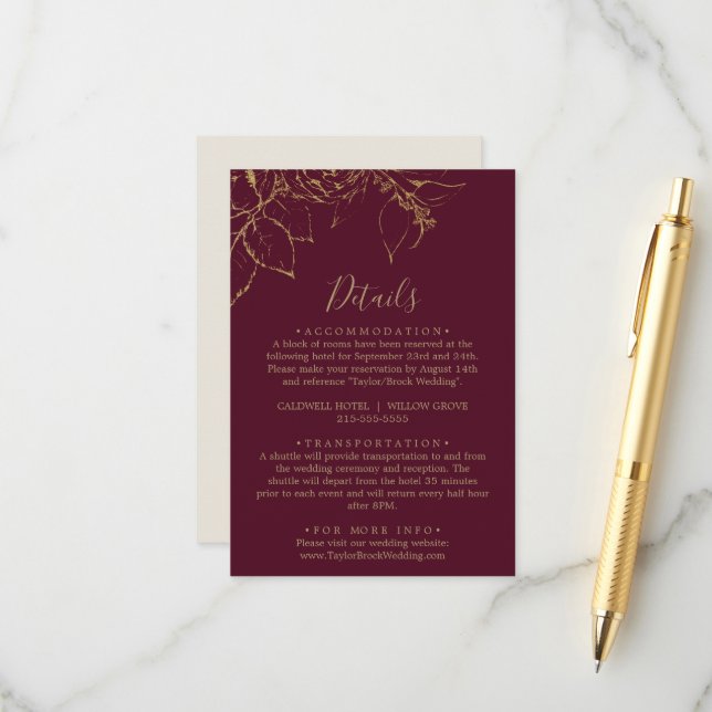 Carte de boîtier dorée Floral Bourgogne Or Détails (Devant/Arrière en situation)
