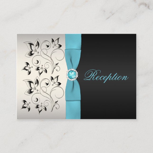 Carte de boîtier en argent, Aqua et Floral noir (Devant)