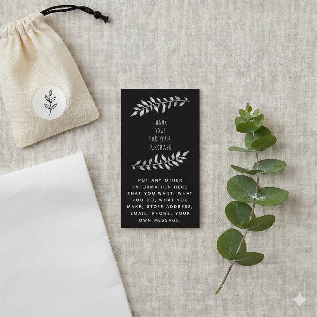 Carte de boîtier feuille crayon (Black botanical thank you for your purchase insert card.)