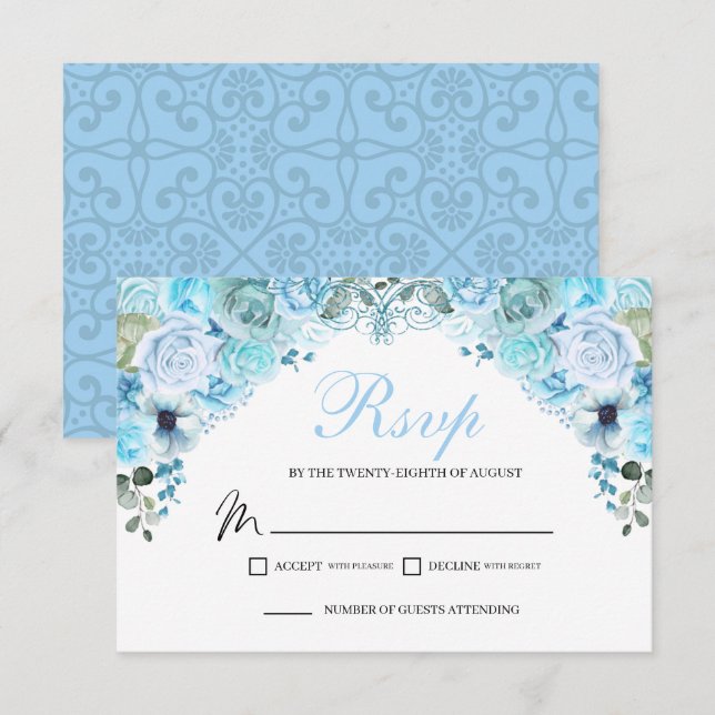 Carte de boîtier RSVP bleu ciel Floral (Devant / Derrière)
