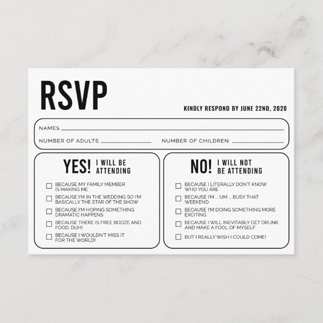 Carte de boîtier RSVP de réponse Mariage amusante (Devant)