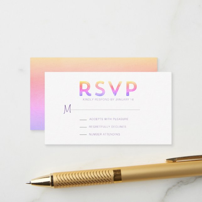 Carte de boîtier RSVP moderne à dégradé rose solei (Devant/Arrière en situation)
