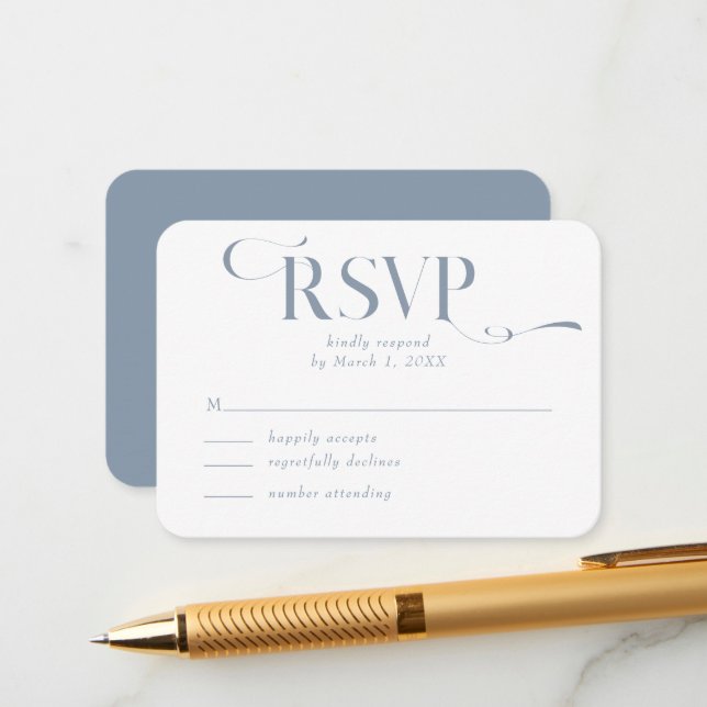 Carte de boîtier RSVP pour mariage moderne bleu Du (Devant/Arrière en situation)