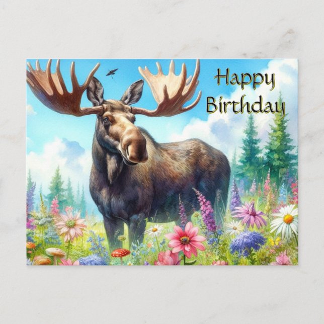 Carte de bonne anniversaire Élan et Fleurs sauvage (Devant)