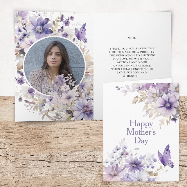 Carte de Bonne Fête des Mères avec photo de fleurs (Elegant Modern Floral Watercolor Happy Mother's Day Card with Photo and Personalized Message)