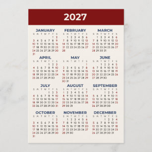 Carte de calendrier 2027 à vue annuelle Couleurs p