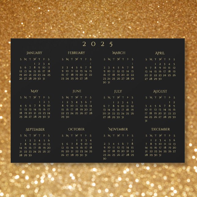 Carte de calendrier magnétique Black et Faux Gold  (Black and Faux Gold 2025 Magnetic Calendar Card)