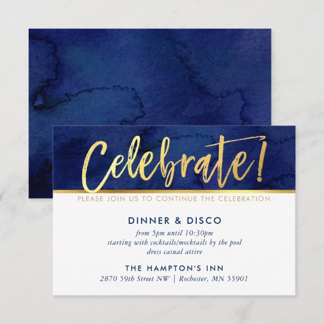CARTE DE CÉLÉBRATION DE FÊTE Aquarelle bleue or ty (Devant / Derrière)