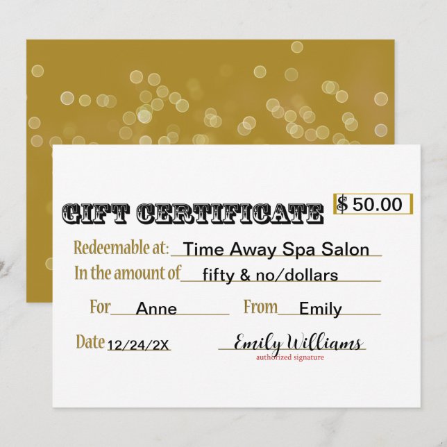 Carte de certificat cadeau (Devant / Derrière)