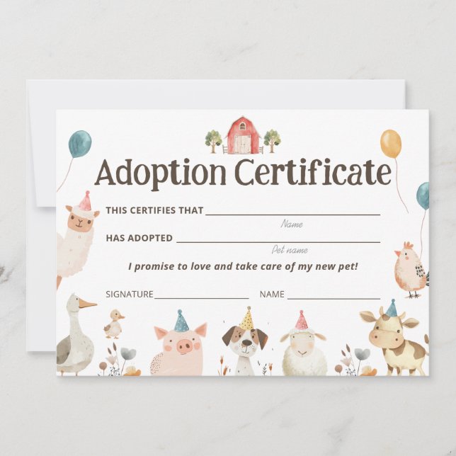 Carte de certificat d'adoption de la fête des anim (Devant)