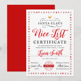 Carte de certificat de Noël Nice Liste