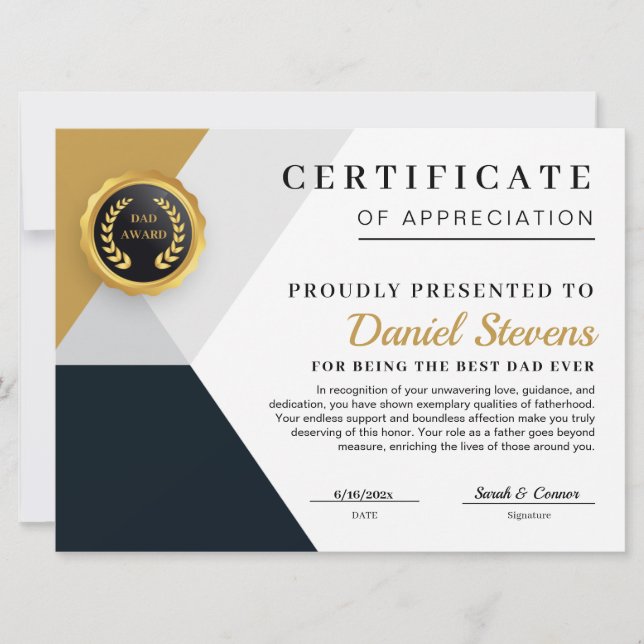 Carte de certificat élégante pour la fête des père (Devant)