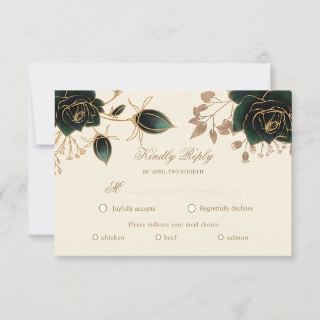 Carte de choix de repas RSVP Roses en aquarelle or (Devant)