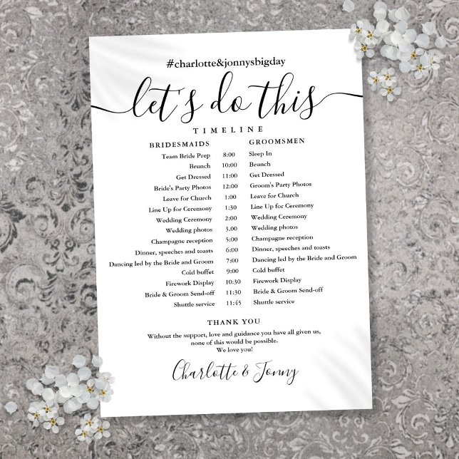 Carte de chronologie du calendrier des Mariages no (Black And White Wedding Schedule Timeline Card)