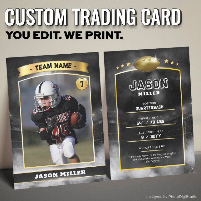 Carte de commerce de football sur mesure Black Gol (Custom Trading Card Black, Editable Football Trading Card, Modern Black Gold Stadium Design)