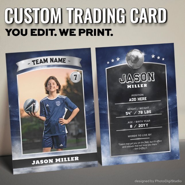 Carte de commerce de football sur mesure Blue Silv (Custom Trading Card, Editable Soccer Trading Card, Modern Blue Silver Stadium Design)