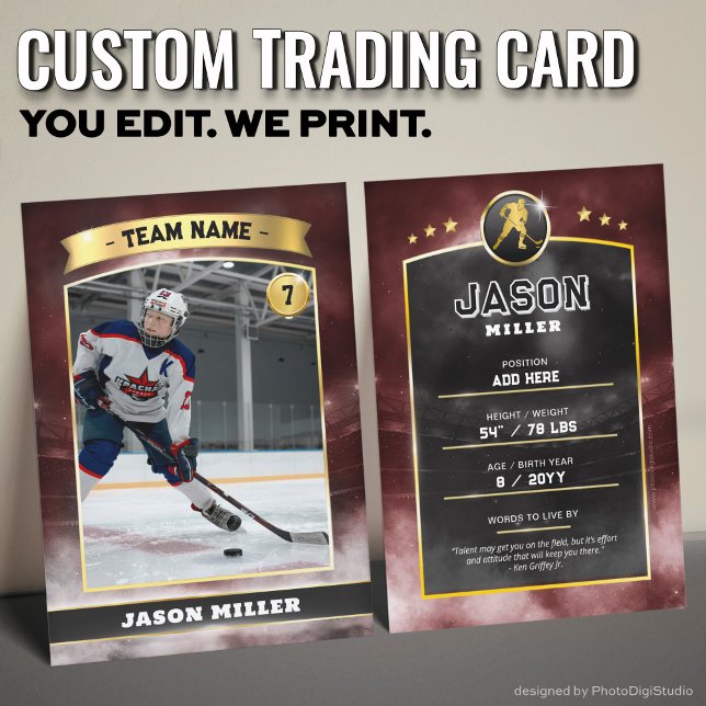 Carte de commerce de hockey sur glace personnalisé (Custom Trading Card, Editable Ice Hockey Trading Card, Modern Red Gold Stadium Design)
