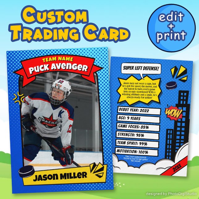Carte de commerce de hockey sur glace personnalisé (Custom Ice Hockey Trading Card, Comic Hockey Card)