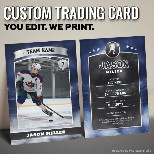 Carte de commerce de hockey sur glace sur mesure B (Custom Trading Card, Editable Ice Hockey Trading Card, Modern Blue Silver Stadium Design)