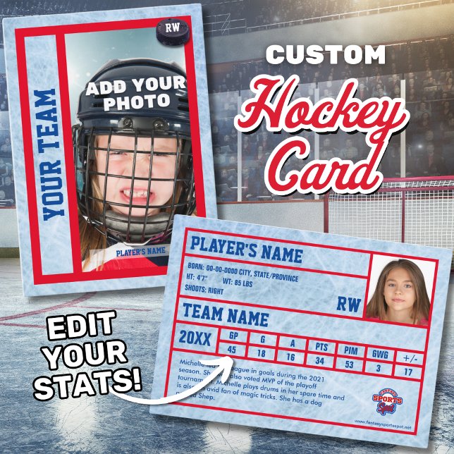 Carte de commerce du joueur de hockey Souvenir (Hockey trading card with customizable stats, including goals (G), assists (A), and points (PTS).)