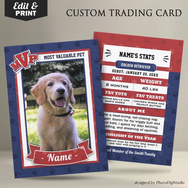 Carte de commerce pour animaux de compagnie person (MVP Custom Pet Trading Card, Clasic Red Blue Card, Therapy Dog Trading Card Template and Print)