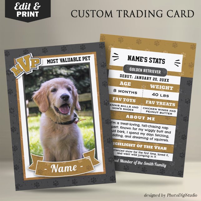 Carte de commerce pour animaux de compagnie person (MVP Custom Pet Trading Card, Clasic Gold Card, Therapy Dog Trading Card Template and Print)