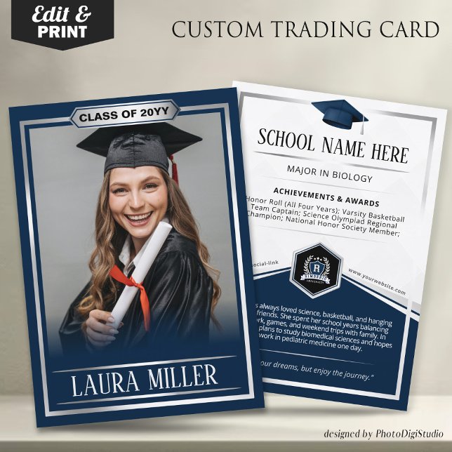 Carte de commerce pour diplômés éditable Elegant B (Editable Graduate Trading Card, Elegant Blue Silver Card, Custom Trading Card for Graduation)