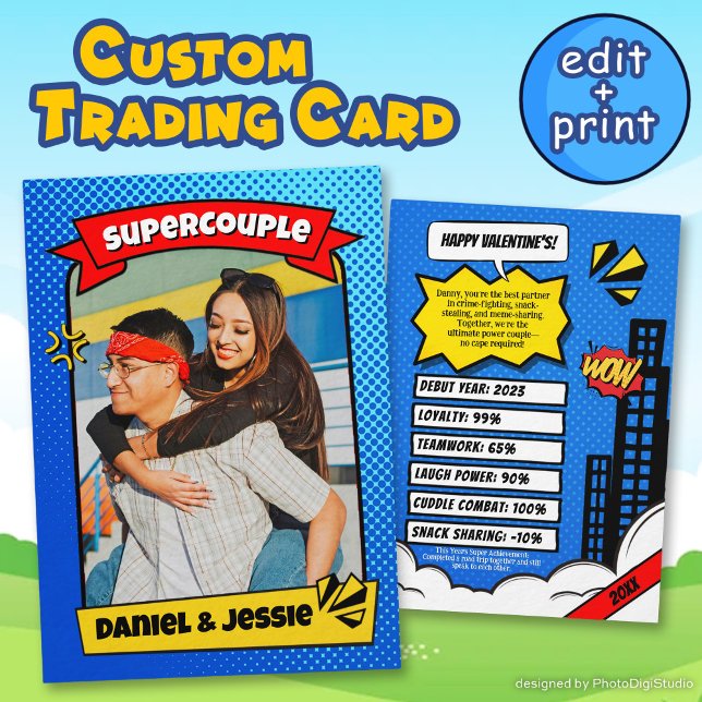 Carte de commerce Supercouple personnalisé Valenti (Supercouple Comic Card, Custom Couple Trading Card, Valentines Gift)